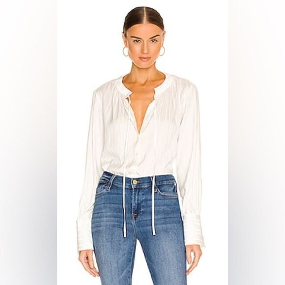 FRAME- Women’s Shirred Silk Neck-Tie Blouse in Off White, Size Large - Picture 2 of 13